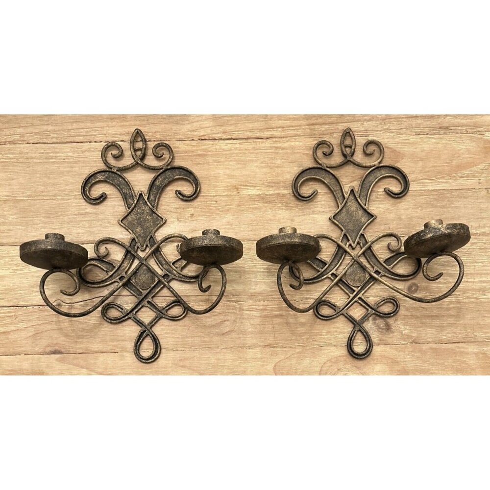 Pair of Ballard Design Mavelot Candle Sconces Wall Antique Gold Handwrought Iron